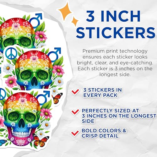 (3 Pack) Rainbow Skull Decals - Peace Sign Stickers - Male Symbol Laptop Decals- 3 Inches On Longest Side - Easy Peel & Apply - Made in USA - 3MCS5217