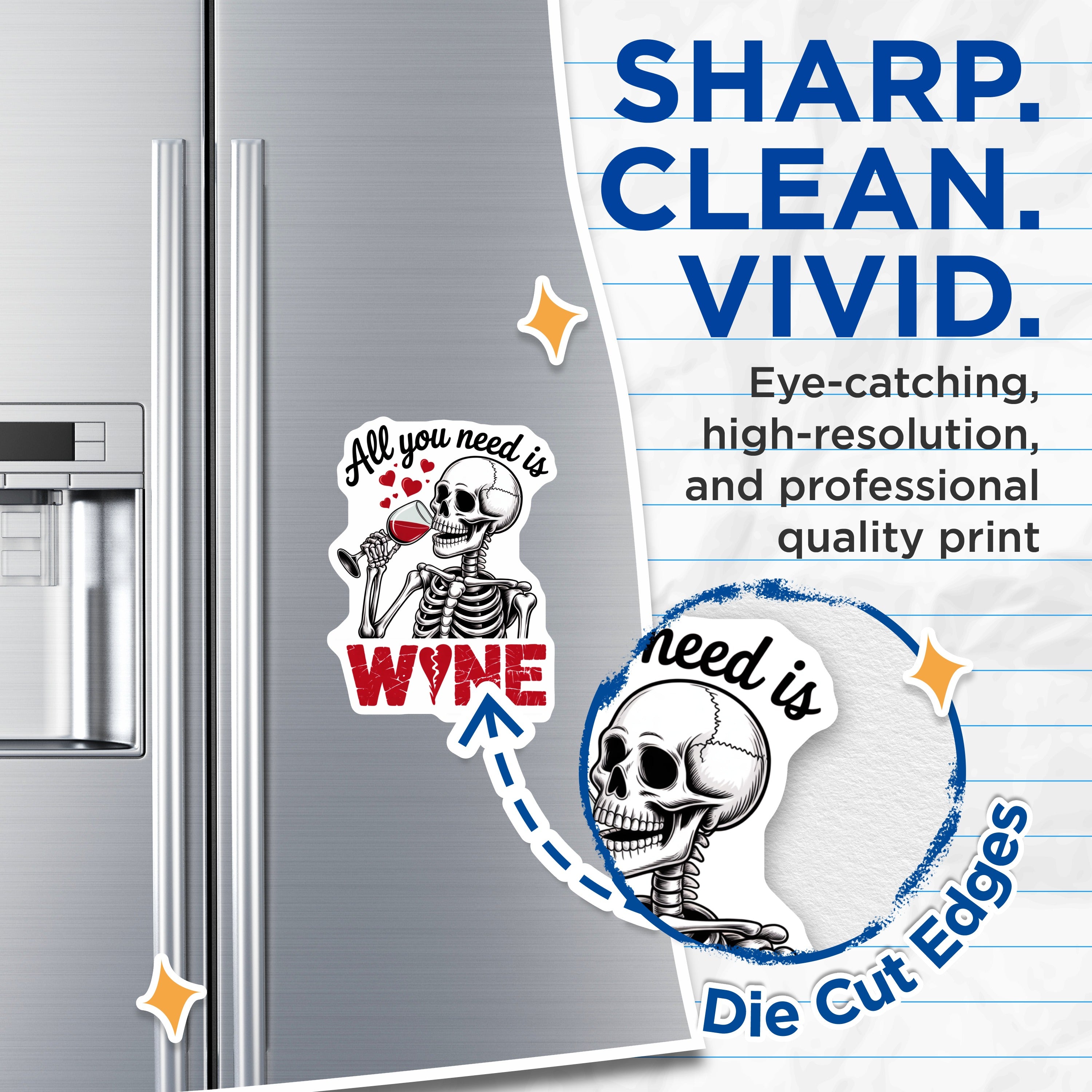 (2 Pack) Funny Skull Wine Magnets - Sarcastic Goth Kitchen Decor - Refrigerator Halloween Humor - 5 Inches On Longest Side - Thick Durable Magnet - Made in USA - MAG36639