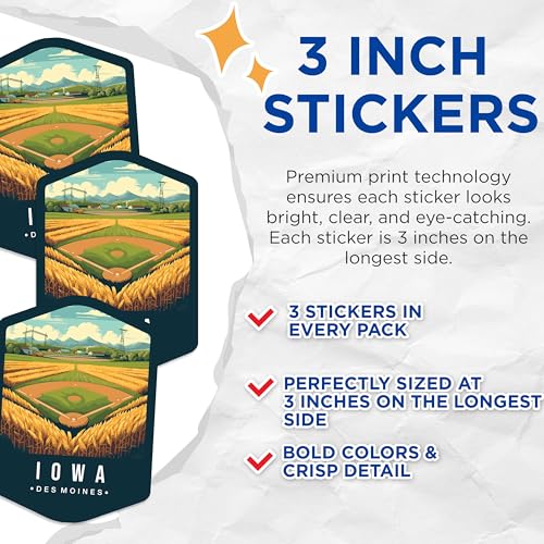 (3 Pack) Iowa Des Moines Decals - Baseball Field Sticker - Midwest Decor - 3 Inches On Longest Side - Easy Peel & Apply - Made in USA - 3MCS0356