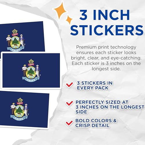 (3 Pack) Maine State Flag Decals - Dirigo Motto - Maine Coat of Arms - 3 Inches On Longest Side - Easy Peel & Apply - Made in USA - 3MCS0191