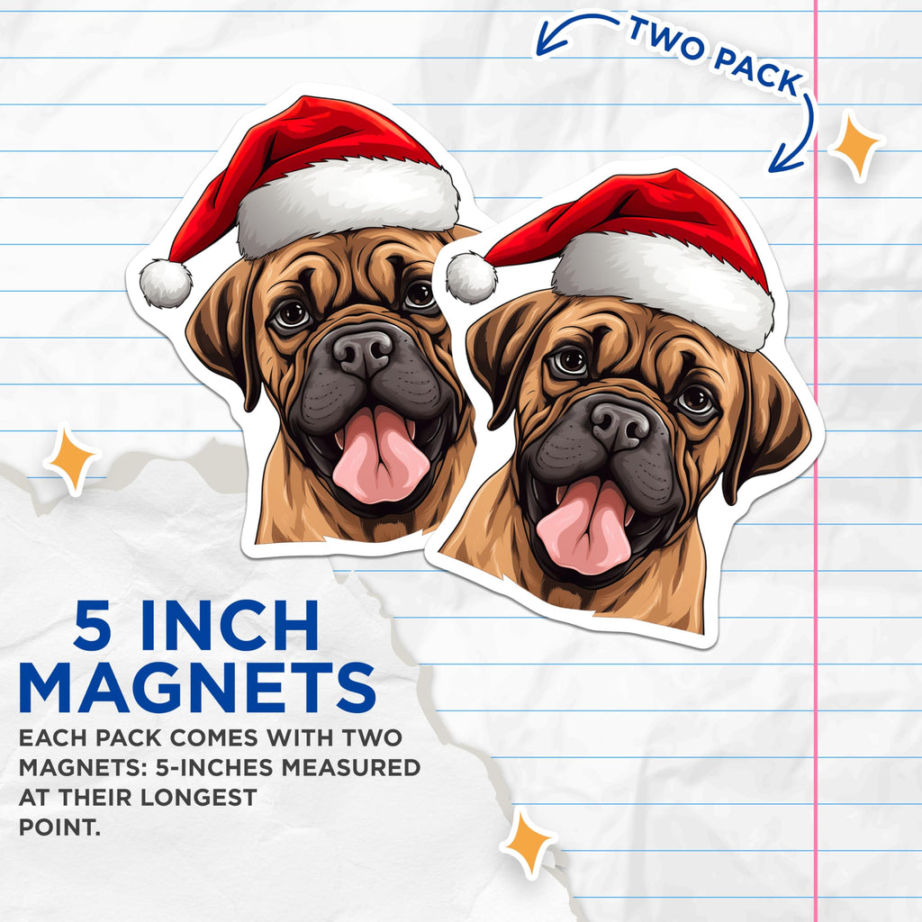 (2 Pack) Christmas Dog Magnets - Santa Hat Mastiff Puppy - Holiday Pet Owner Decor - 5 Inches On Longest Side - Thick Durable Magnet - Made in USA - MAG29532