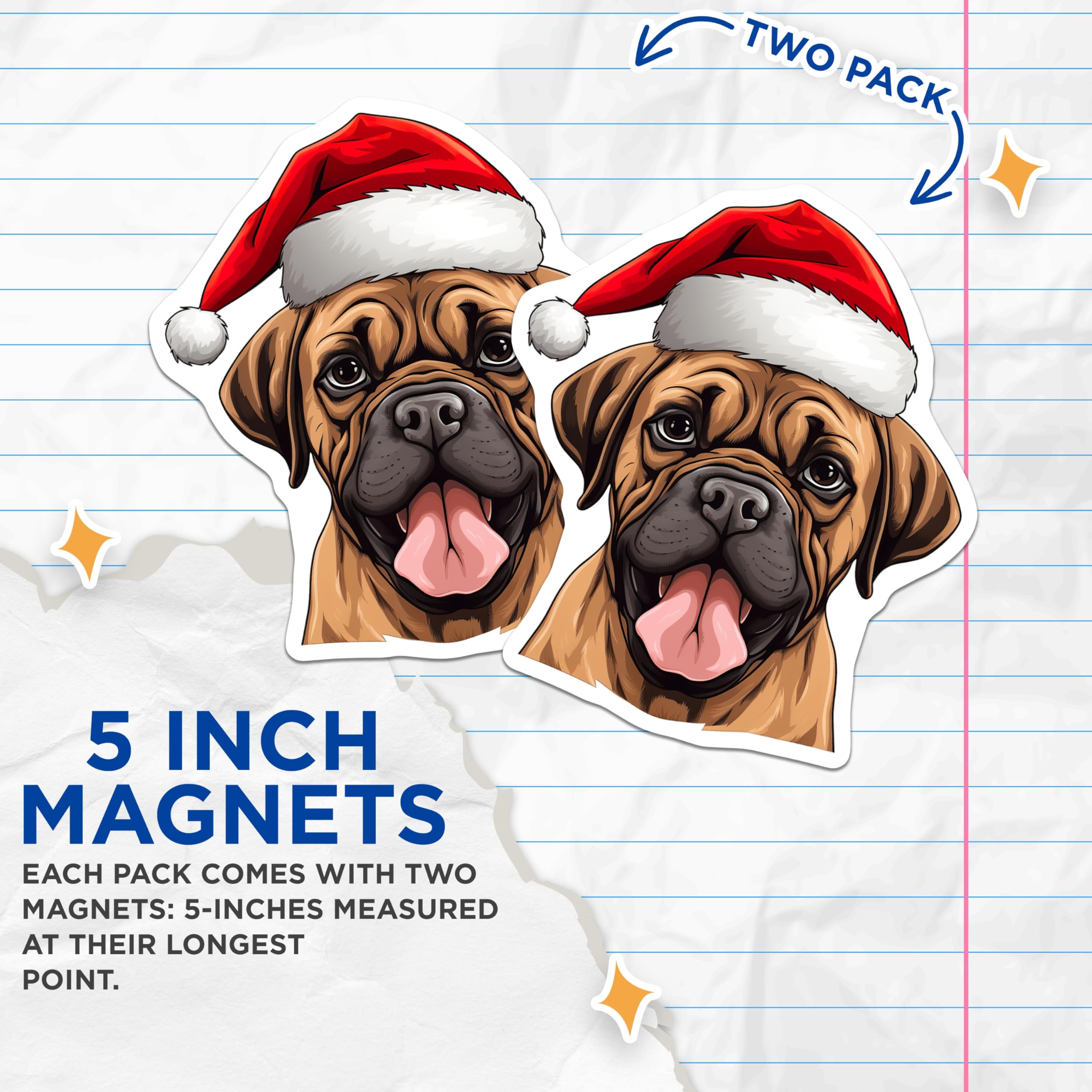 (2 Pack) Christmas Dog Magnets - Santa Hat Mastiff Puppy - Holiday Pet Owner Decor - 5 Inches On Longest Side - Thick Durable Magnet - Made in USA - MAG29532