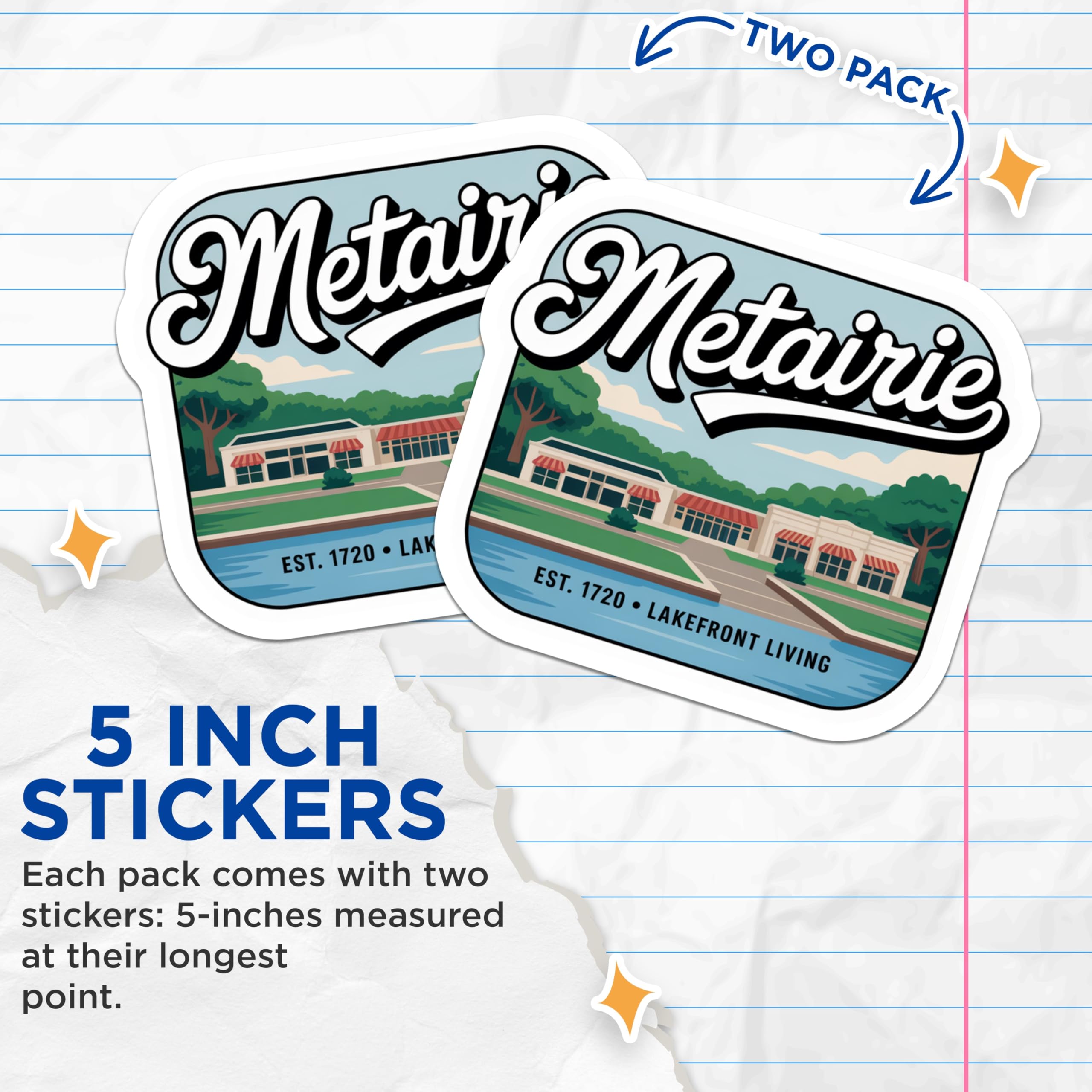 (2 Pack) Metairie Louisiana Stickers - Lakefront Living - Louisiana Hometown Decal - 5" On Longest Side - Sticks to Smooth Flat Surfaces - Made in USA - BMCS19000