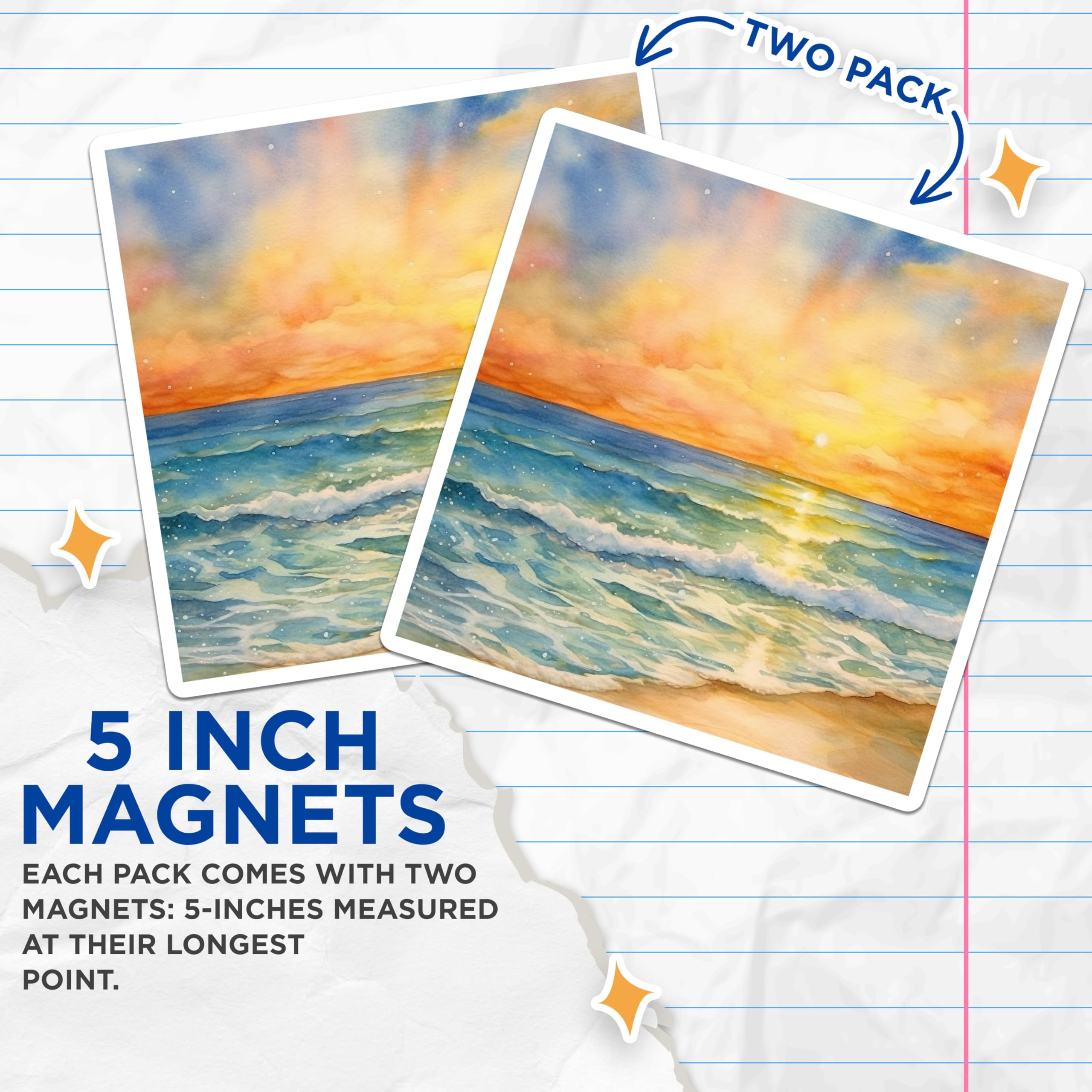 (2 Pack) Watercolor Beach Sunset Magnets - Ocean Waves Art - Coastal Scene Decor - 5 Inches On Longest Side - Thick Durable Magnet - Made in USA - MAG24330
