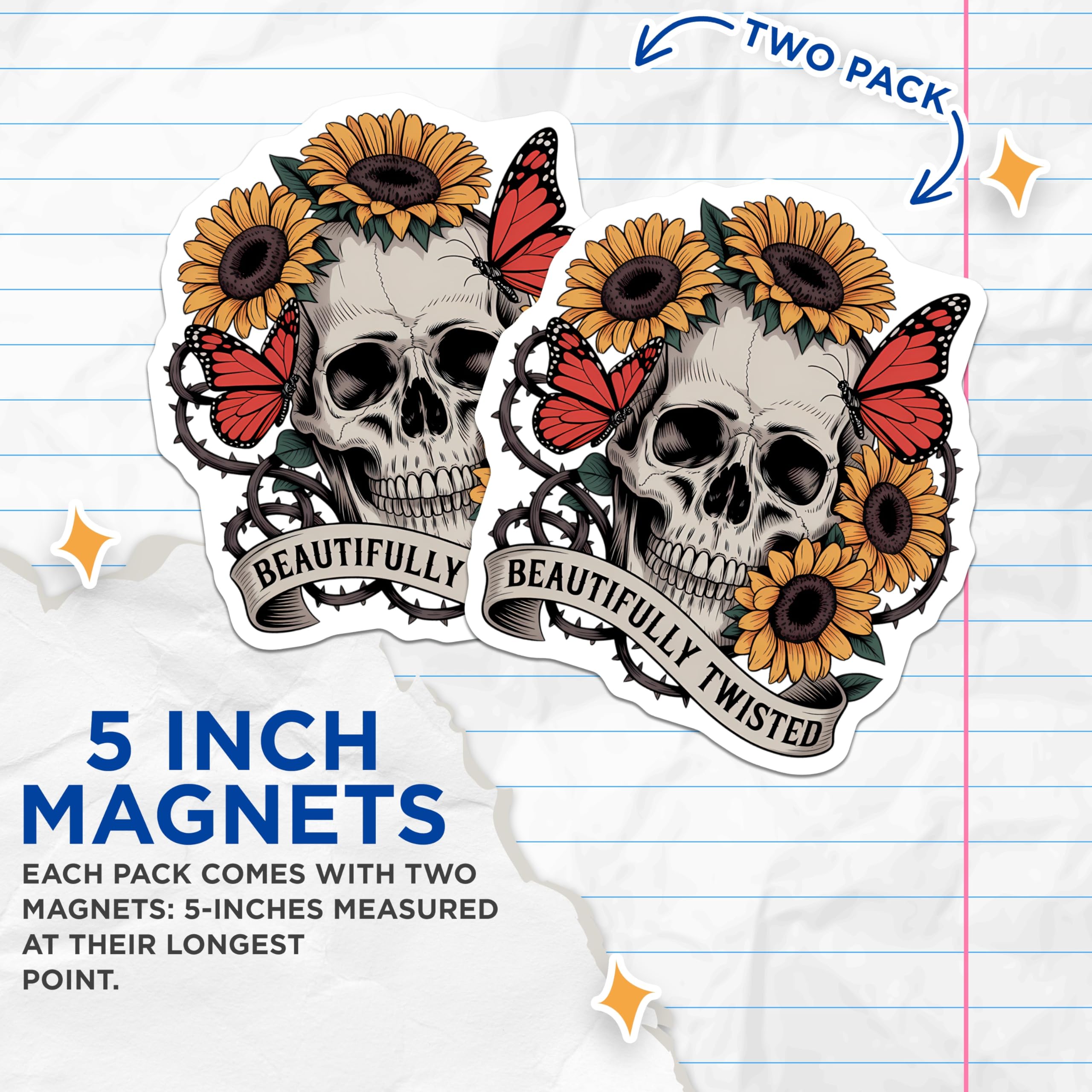 (2 Pack) Skull Sunflower Butterfly Magnets - Gothic Floral Decor - Beautifully Twisted Art - 5 Inches On Longest Side - Thick Durable Magnet - Made in USA - MAG22513