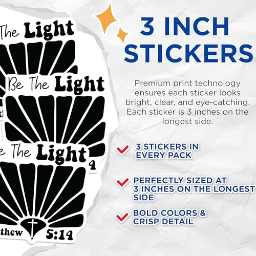(3 Pack) Christian Decals - Be The Light - Matthew 5 14 - Inspirational Sayings - 3 Inches On Longest Side - Easy Peel & Apply - Made in USA - 3MCS1873