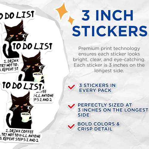 (3 Pack) Funny Cat Decals - to Do List - Coffee Lover Stickers - 3 Inches On Longest Side - Easy Peel & Apply - Made in USA - 3MCS6592