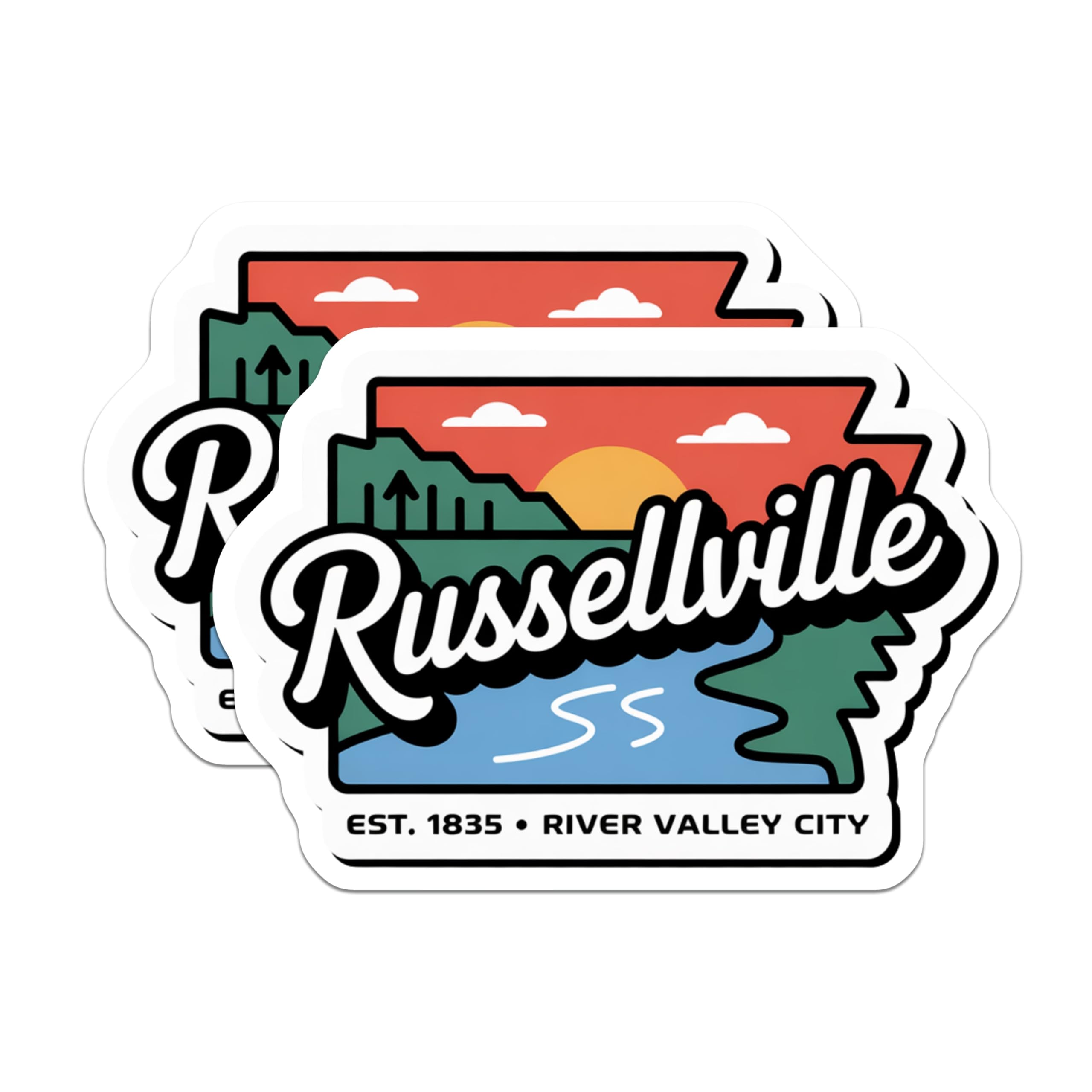 (2 Pack) Russellville Magnets - River Valley City - Arkansas Travel Decor - 5" On Longest Side - Premium Magnet - for Cars, Refrigerators, Toolboxes, Lockers - Made in USA - MAG17218