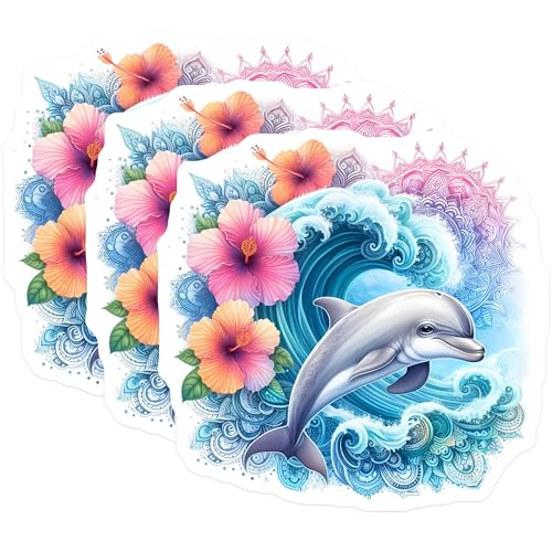 (3 Pack) Dolphin Decals - Tropical Hibiscus Decals - Ocean Wave Stickers - 3 Inches On Longest Side - Easy Peel & Apply - Made in USA - 3MCS8247