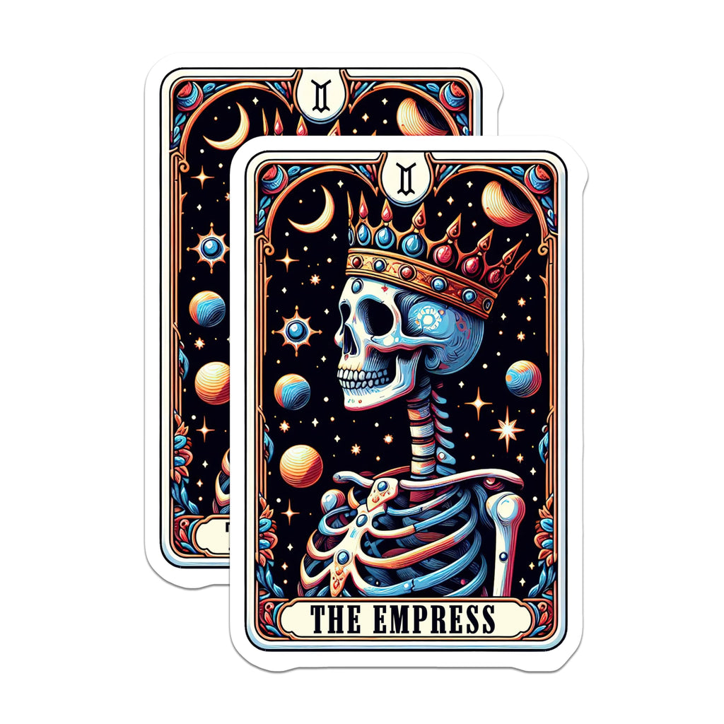 (2 Pack) The Empress Tarot Skull Stickers - Cosmic Skeleton Art - Gothic Mystical Tarot - 5" On Longest Side - Sticks to Smooth Flat Surfaces - Made in USA - BMCS5404
