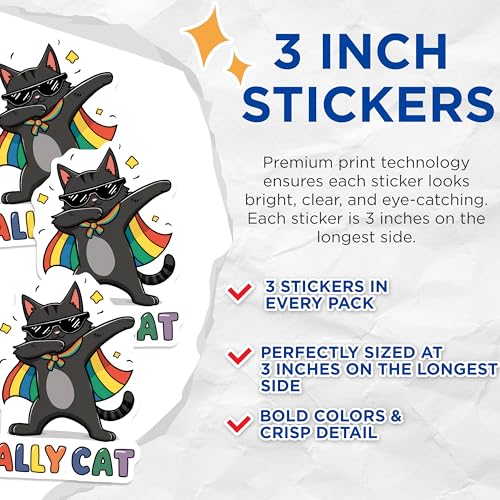 (3 Pack) Pride Ally Cat Decals - LGBT Supporter - Rainbow Cape - Dabbing Kitty Stickers - 3 Inches On Longest Side - Easy Peel & Apply - Made in USA - 3MCS8315