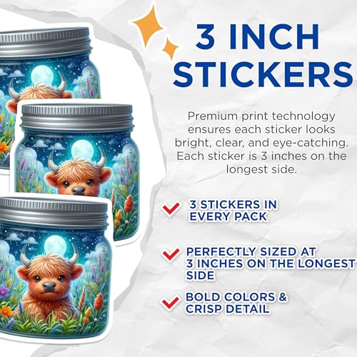 (3 Pack) Highland Cow Decals - Cute Cow Stickers - Animal Decal Set - 3 Inches On Longest Side - Easy Peel & Apply - Made in USA - 3MCS8114