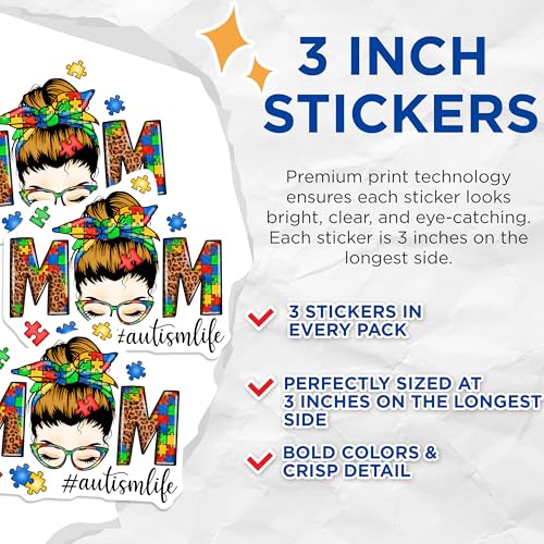 (3 Pack) Autism Mom Decals - Autism Awareness - Puzzle Piece Decal - 3 Inches On Longest Side - Easy Peel & Apply - Made in USA - 3MCS7765