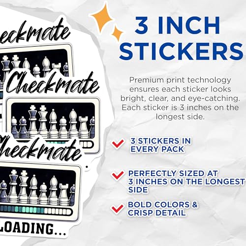 (3 Pack) Checkmate Loading Decals - Chess Lover - Laptop Decal - Chess Game - Gamer Decals - Chess Player - 3 Inches On Longest Side - Easy Peel & Apply - Made in USA - 3MCS1974
