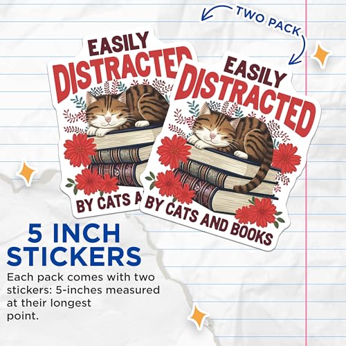 (2 Pack) Easily Distracted by Cats and Books Stickers - Cat Lover Sticker - Bookworm Decals - 5" On Longest Side - Sticks to Smooth Flat Surfaces - Made in USA - BMCS9631