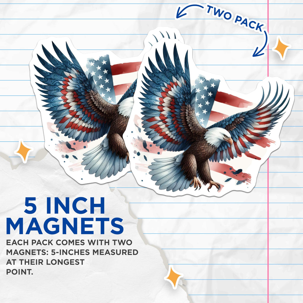(2 Pack) Bald Eagle Magnets - American Flag Art - Patriotic USA Decor - 5 Inches On Longest Side - Thick Durable Magnet - Made in USA - MAG23005