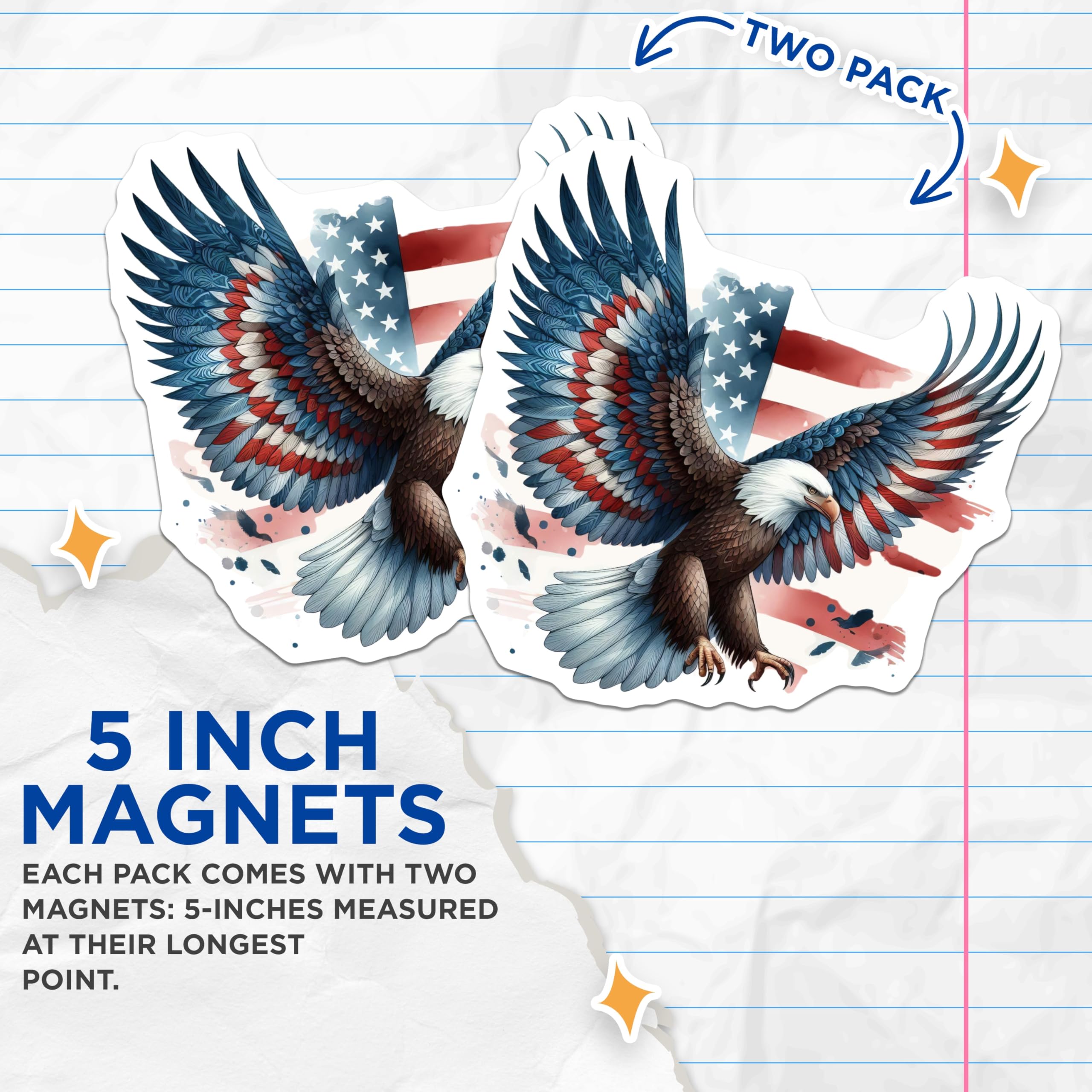(2 Pack) Bald Eagle Magnets - American Flag Art - Patriotic USA Decor - 5 Inches On Longest Side - Thick Durable Magnet - Made in USA - MAG23005