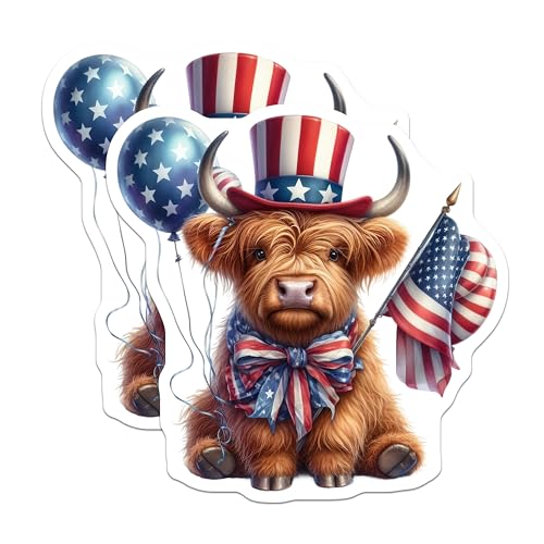 (2 Pack) Patriotic Highland Cow Stickers - American Flag - Independence Day Decoration - 5" On Longest Side - Sticks to Smooth Flat Surfaces - Made in USA - BMCS6351