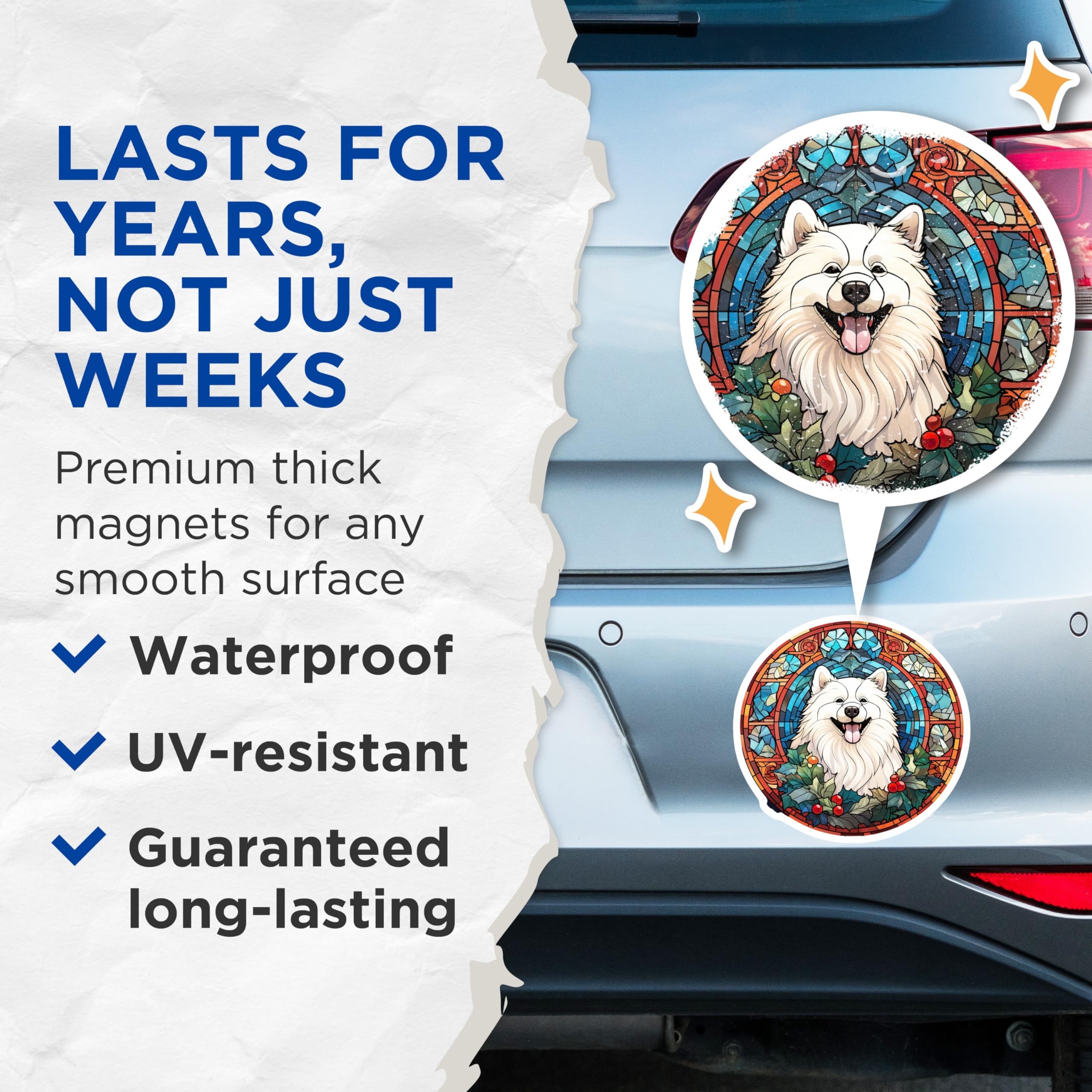 (2 Pack) Samoyed Dog Stained Glass Magnets - Christmas Holiday Decor - Pet Lover Refrigerator - 5 Inches On Longest Side - Thick Durable Magnet - Made in USA - MAG27562