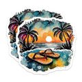 (2 Pack) Tropical Beach Sunset Stickers - Flip Flops Palm Trees - 5" On Longest Side - Sticks to Smooth Flat Surfaces - Made in USA - BMCS9326 - BMCS9326