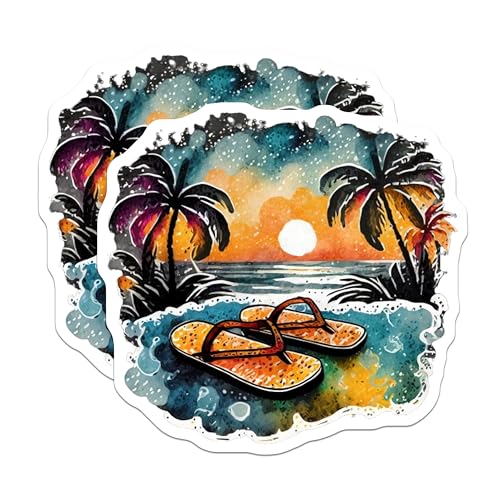 (2 Pack) Tropical Beach Sunset Stickers - Flip Flops Palm Trees - 5" On Longest Side - Sticks to Smooth Flat Surfaces - Made in USA - BMCS9326 - BMCS9326