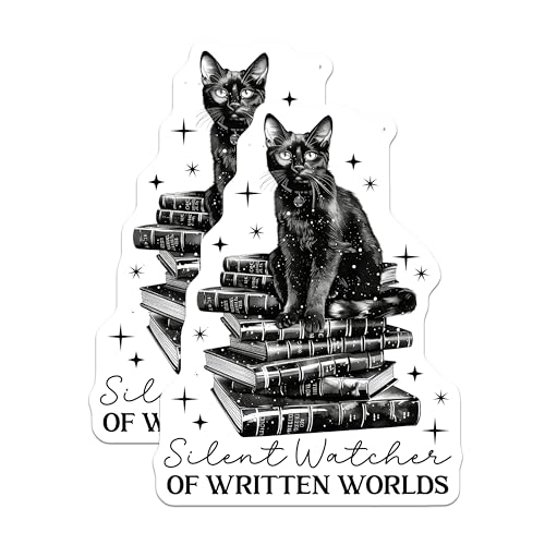 (2 Pack) Silent Watcher of Written Worlds Stickers - Black Cat Book Lover Stickers - Literary Cat Vinyl Stickers - 5" On Longest Side - Sticks to Any Smooth Flat Surface - Made in USA - BMCS3562