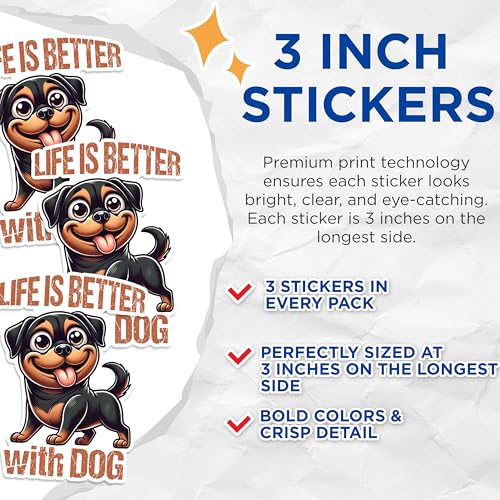 (3 Pack) Rottweiler Decals - Funny Dog Stickers - Dog Lover Decal - 3 Inches On Longest Side - Easy Peel & Apply - Made in USA - 3MCS1607