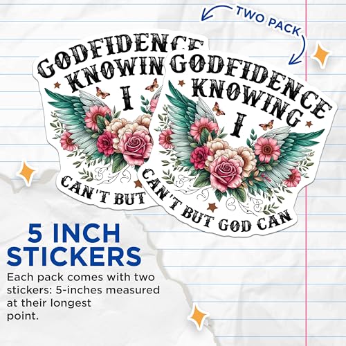 (2 Pack) Godfidence Knowing I Can't But God Can Stickers - Inspirational Quote - Floral Design - Faith-Based Decal - 5" On Longest Side - Sticks to Smooth Flat Surfaces - Made in USA - BMCS4074