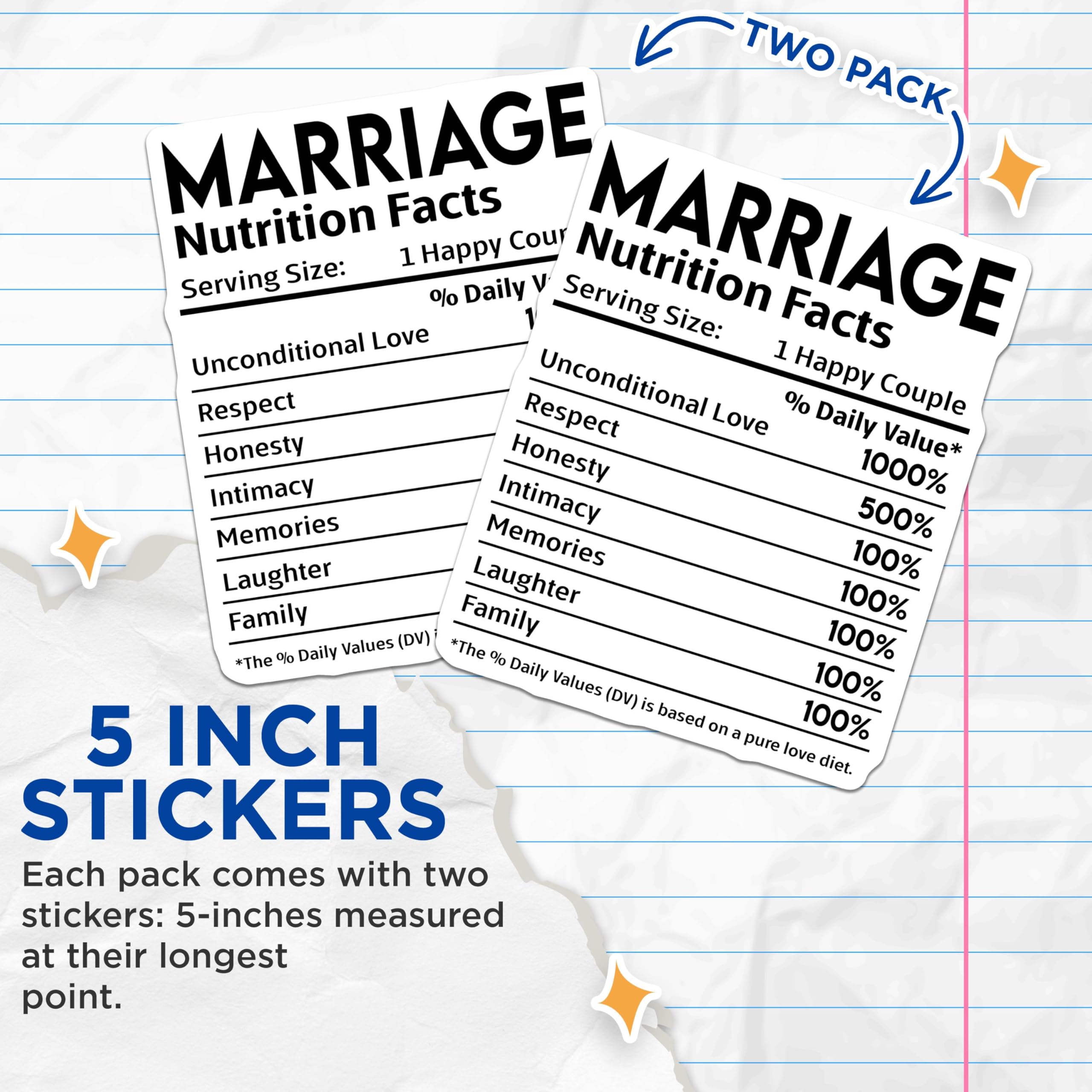 (2 Pack) Marriage Nutrition Facts Stickers - Happy Couple Love Stickers - Wedding Anniversary Sticker Decal - 5" On Longest Side - Sticks to Smooth Flat Surfaces - Made in USA - BMCS4139