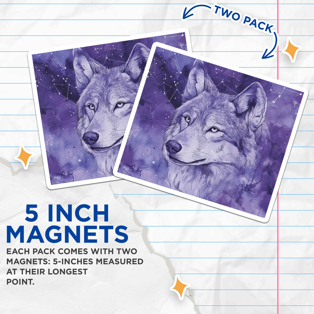 (2 Pack) Cosmic Wolf Art Magnets - Purple Starry Night - Mystical Animal Decor - 5 Inches On Longest Side - Thick Durable Magnet - Made in USA - MAG39803