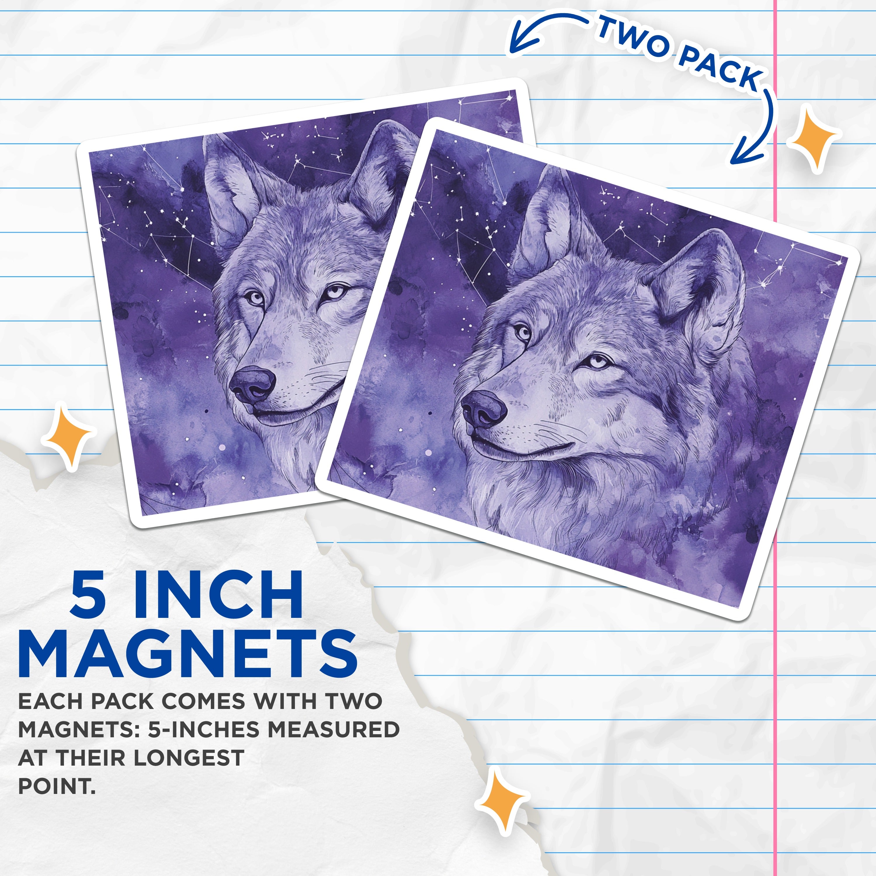 (2 Pack) Cosmic Wolf Art Magnets - Purple Starry Night - Mystical Animal Decor - 5 Inches On Longest Side - Thick Durable Magnet - Made in USA - MAG39803