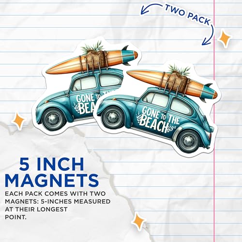 (2 Pack) Gone to The Beach Magnets Magnets - Retro Car Decor - 5" On Longest Side - Made in USA - Sticks to Refrigerators & Metal Surfaces - MAG9295