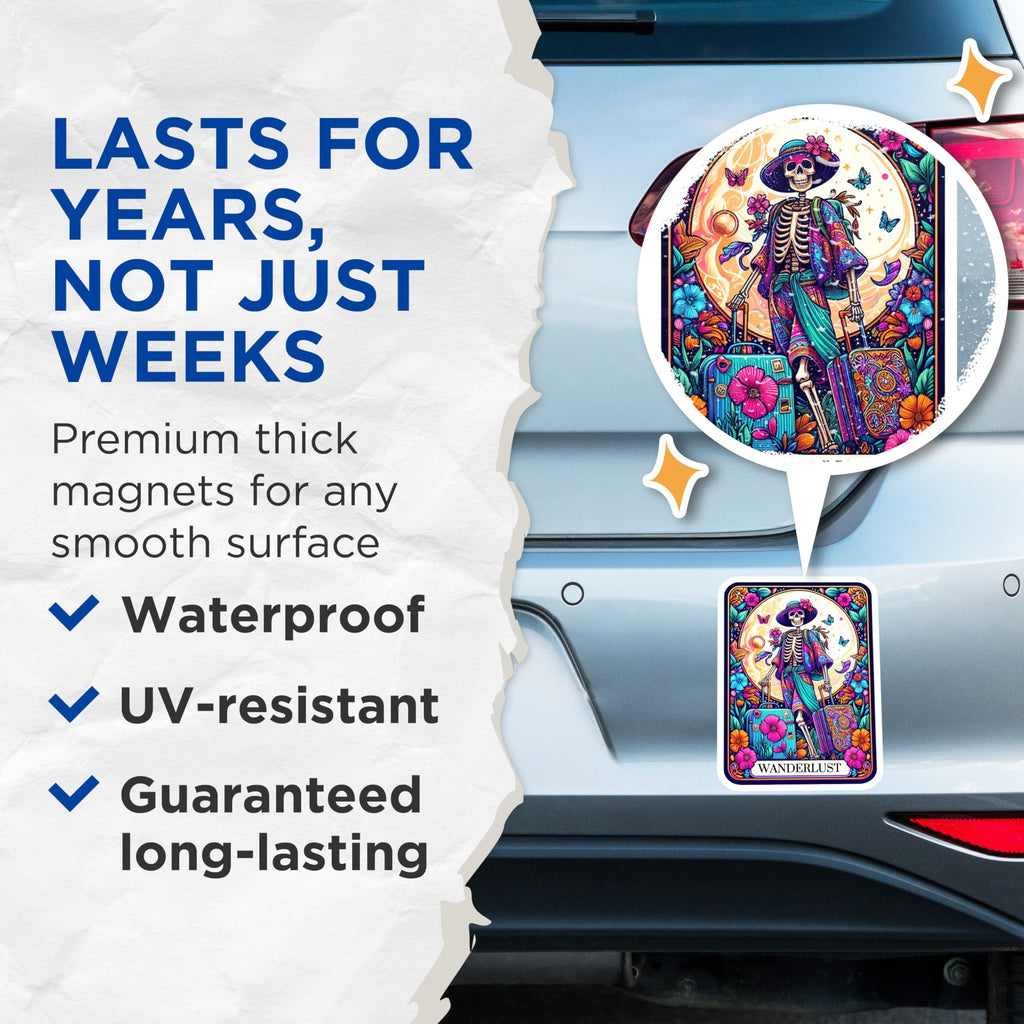 (2 Pack) Wanderlust Skeleton Magnets - Bohemian Traveler Decor - Colorful Folk Art Fridge - 5 Inches On Longest Side - Thick Durable Magnet - Made in USA - MAG29075