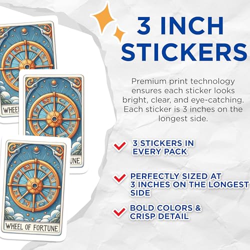 (3 Pack) Wheel of Fortune Decals - Tarot Card Stickers - Fortune Teller Gifts - 3 Inches On Longest Side - Easy Peel & Apply - Made in USA - 3MCS1123