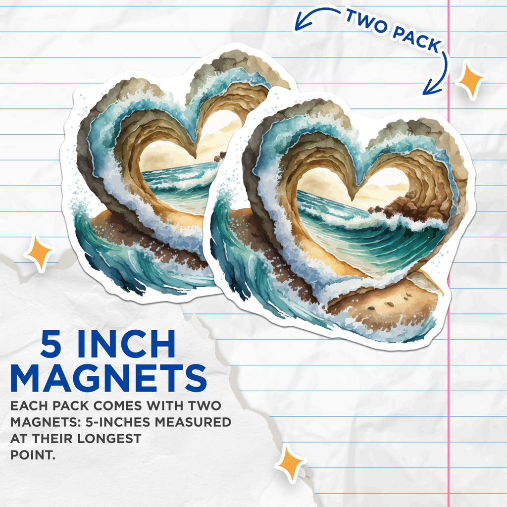 (2 Pack) Ocean Heart Wave Magnets - Coastal Beach Decor - Nature Art Refrigerator Magnets - 5 Inches On Longest Side - Thick Durable Magnet - Made in USA - MAG19925