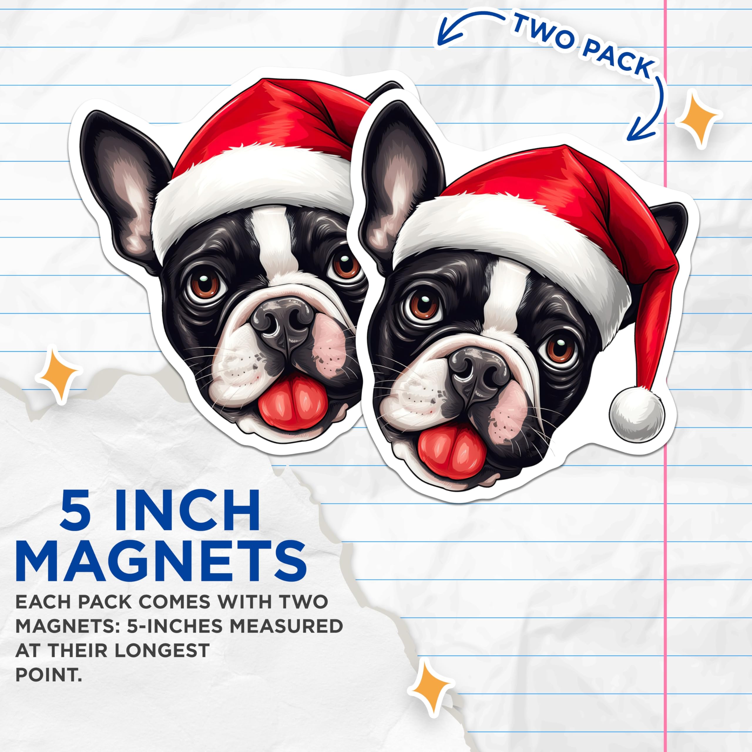 (2 Pack) Christmas French Bulldog Magnets - Boston Terrier Santa Dog Decor - Festive Pet Lover Stocking Stuffer - 5 Inches On Longest Side - Thick Durable Magnet - Made in USA - MAG25570
