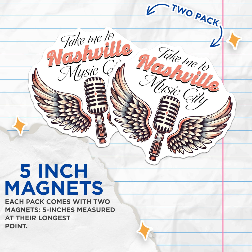 (2 Pack) Nashville Music City Magnets - Winged Microphone Decor - Tennessee Souvenirs - 5" On Longest Side - Premium Magnet - for Cars, Refrigerators, Toolboxes, Lockers - Made in USA - MAG15125
