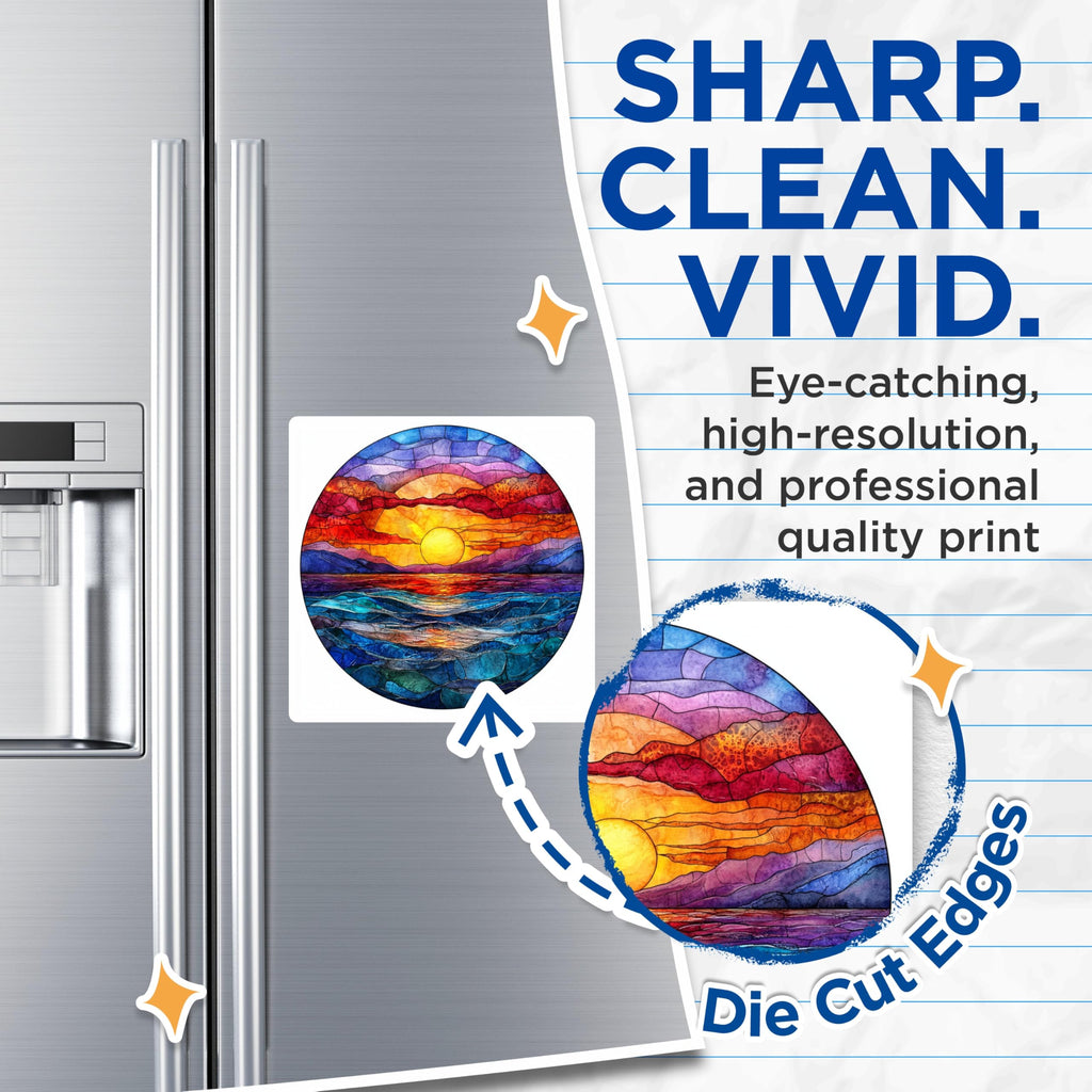 (2 Pack) Stained Glass Sunset Magnets - Vibrant Ocean Waves - Bohemian Nature Art - 5 Inches On Longest Side - Thick Durable Magnet - Made in USA - MAG28916