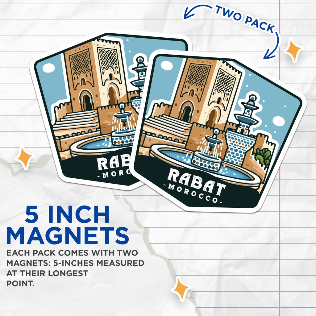 (2 Pack) Rabat Morocco Magnets - North Africa Travel Art - Historic City Souvenir - 5 Inches On Longest Side - Thick Durable Magnet - Made in USA - MAG19852