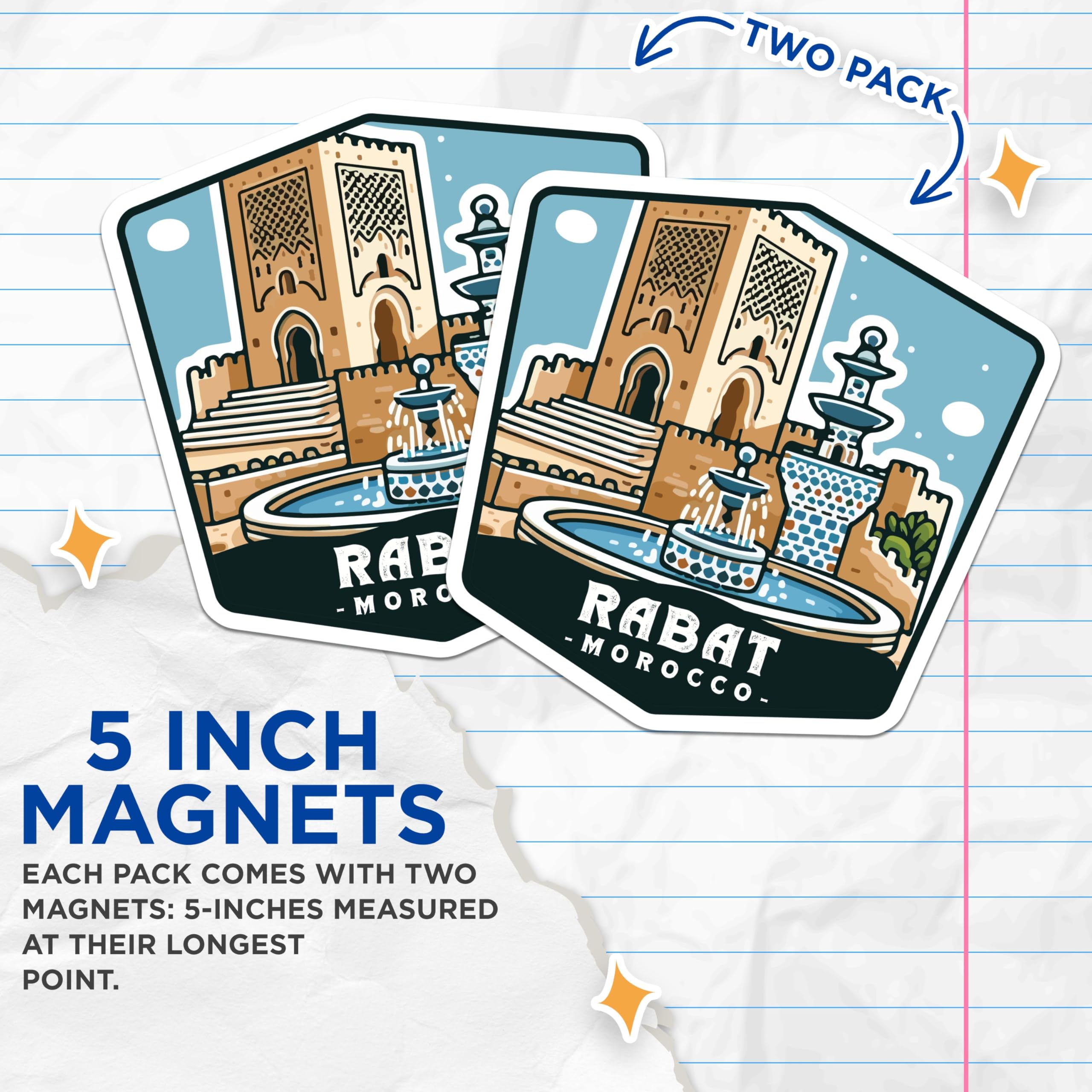 (2 Pack) Rabat Morocco Magnets - North Africa Travel Art - Historic City Souvenir - 5 Inches On Longest Side - Thick Durable Magnet - Made in USA - MAG19852