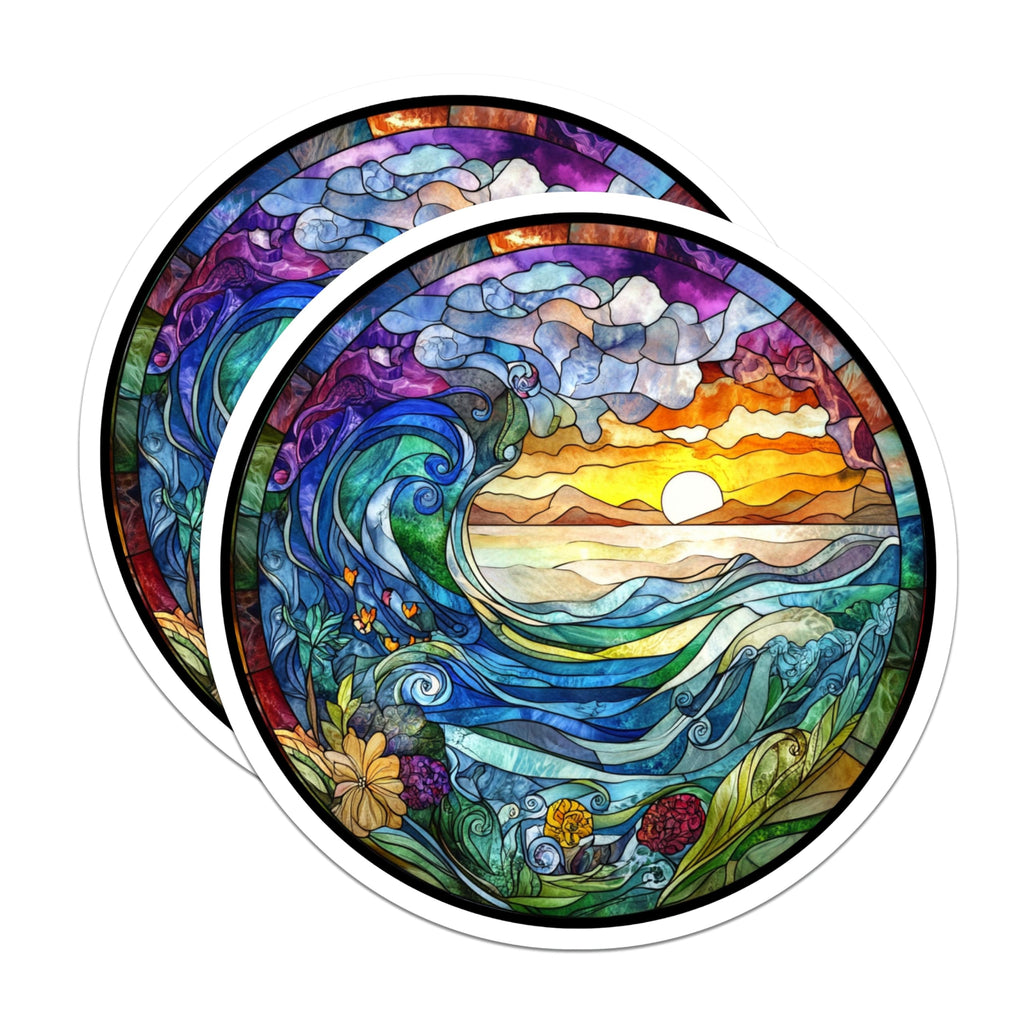 (2 Pack) Stained Glass Ocean Magnets - Sunset Wave Fridge Art - Nature Scene Home Decor - 5 Inches On Longest Side - Thick Durable Magnet - Made in USA - MAG28129