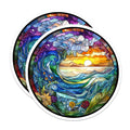 (2 Pack) Stained Glass Ocean Magnets - Sunset Wave Fridge Art - Nature Scene Home Decor - 5 Inches On Longest Side - Thick Durable Magnet - Made in USA - MAG28129