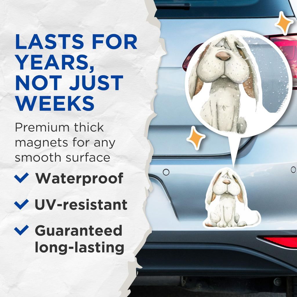 (2 Pack) Sad Dog Magnets - Melancholy Cartoon Hound Illustration - Refrigerator Locker Decor - 5 Inches On Longest Side - Thick Durable Magnet - Made in USA - MAG23685