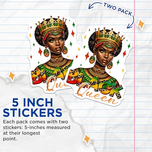(2 Pack) Afrocentric Queen Stickers - Black Royalty Art - African Pride - 5" On Longest Side - Sticks to Smooth Flat Surfaces - Made in USA - BMCS7857