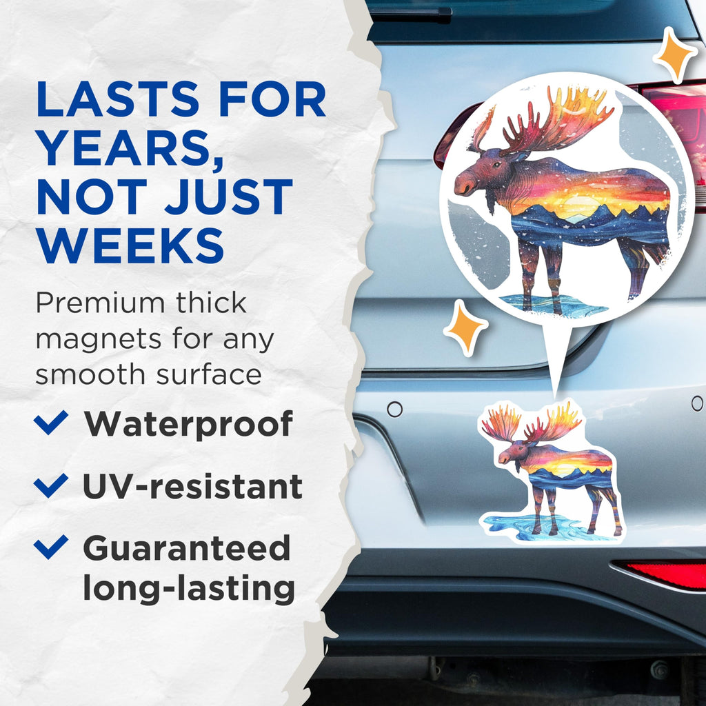 (2 Pack) Moose Magnets - Sunset Landscape - Rustic Home Decor - 5" On Longest Side - Premium Magnet - for Cars, Refrigerators, Toolboxes, Lockers - Made in USA - MAG16389