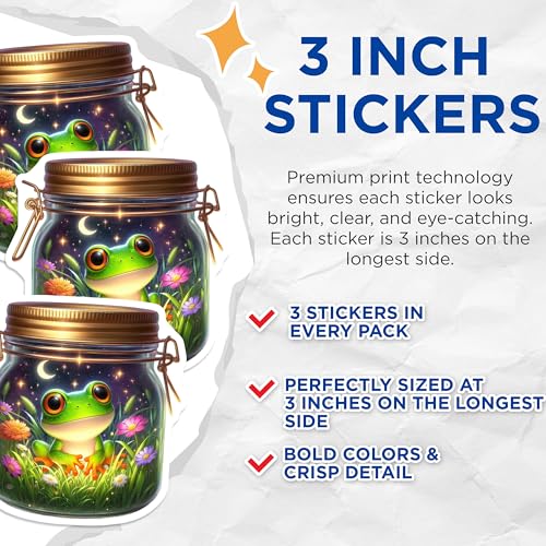 (3 Pack) Frog in a Jar Decals - Cute Animal Stickers - Whimsical Home Decor - 3 Inches On Longest Side - Easy Peel & Apply - Made in USA - 3MCS8116