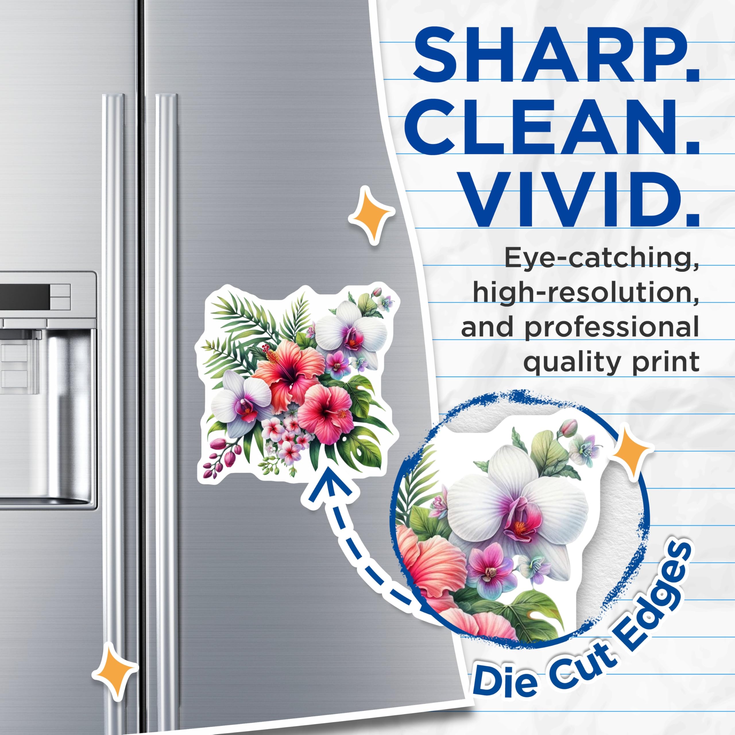 (2 Pack) Tropical Floral Magnets - Vibrant Hawaiian Hibiscus Orchid Arrangement - Exotic Botanical Fridge Decor - 5 Inches On Longest Side - Thick Durable Magnet - Made in USA - MAG22911