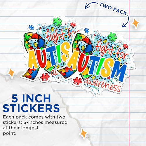 (2 Pack) Fight for Autism Awareness Stickers - Colorful Puzzle Ribbon Stickers - Autism Support Stickers - 5" On Longest Side - Sticks to Any Smooth Flat Surface - Made in USA - BMCS2981