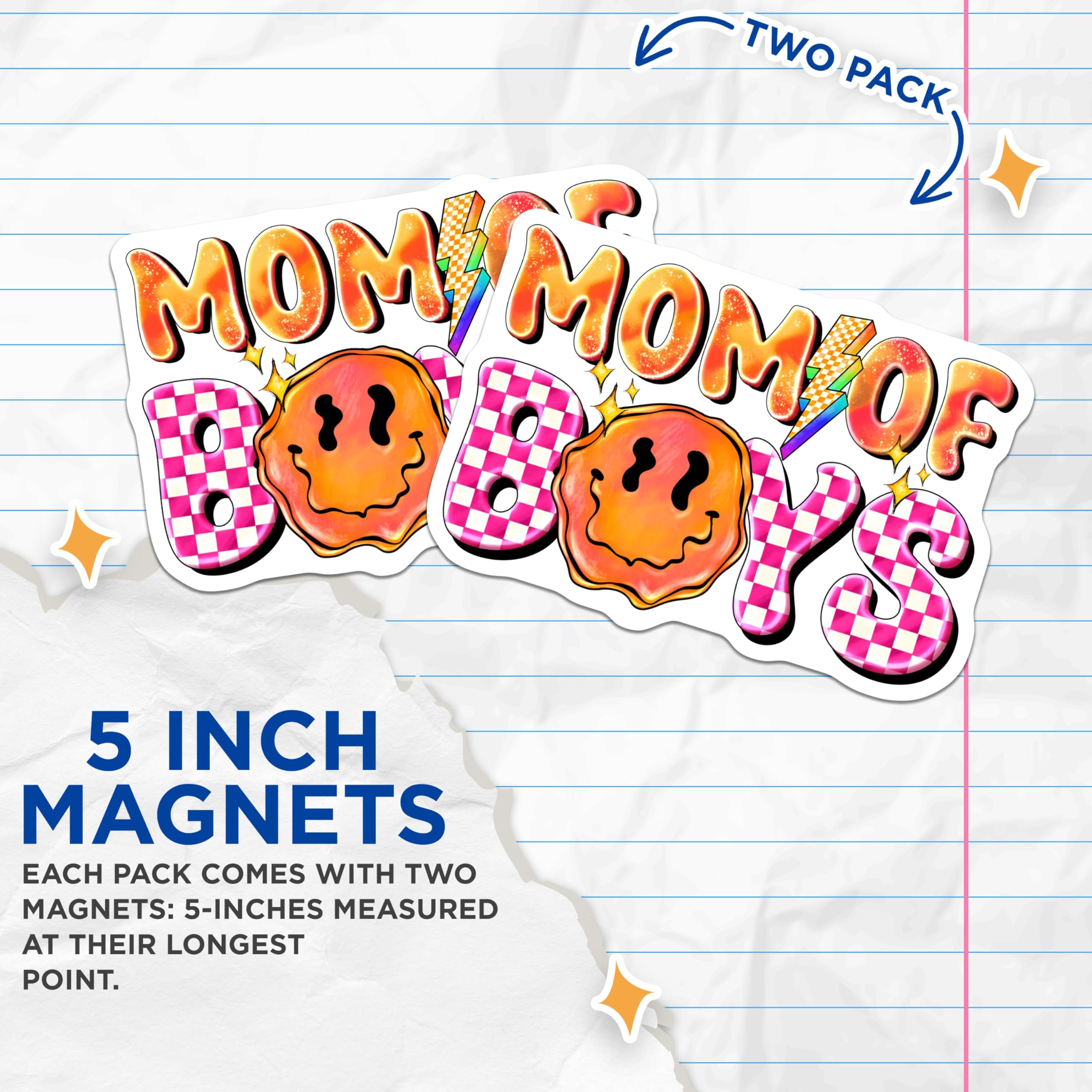 (2 Pack) Mom of Boys Magnets - Retro Smiley Face Checkerboard Lightning - Boy Mama Motherhood Decor - 5 Inches On Longest Side - Thick Durable Magnet - Made in USA - MAG25937
