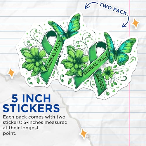 (2 Pack) Cerebral Palsy Awareness Stickers - Green Ribbon Sticker - Butterfly and Flower Stickers - 5" On Longest Side - Sticks to Smooth Flat Surfaces - Made in USA - BMCS6003